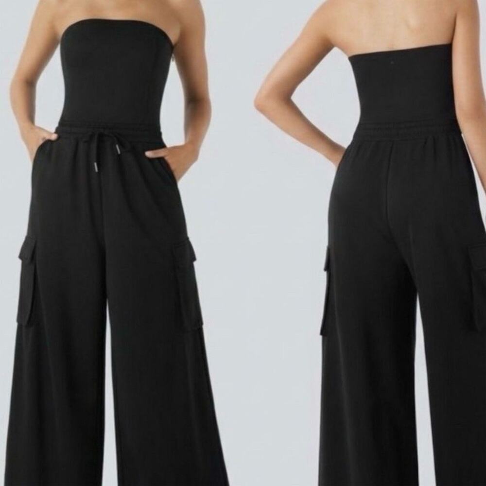 Halara Jumpsuit Womens Small Black Strapless Wide Leg Cargo Pockets 28”